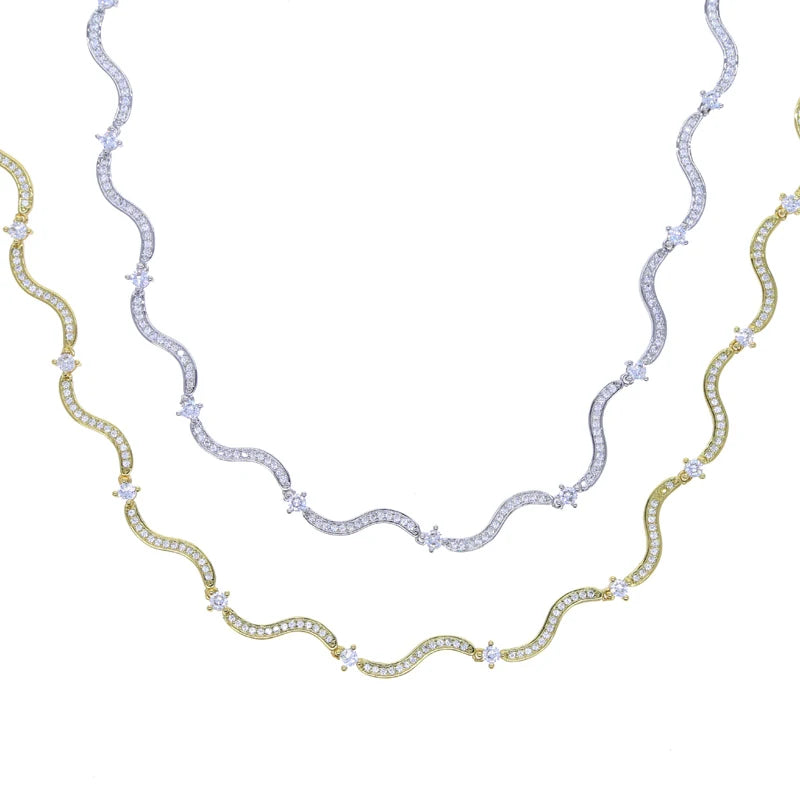 Trendy Geometric Wave Shape Cz Tennis Necklaces for Women Paved White Cubic Zirconia Brass Gold and Silver Color Fashion Jewelry
