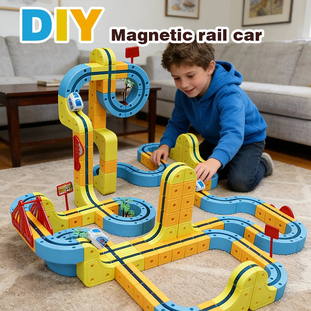 DIY Magnetic Rail Car Set for Kids - Educational Building Blocks Toy with Flexible Track Assembly Race Car Playset