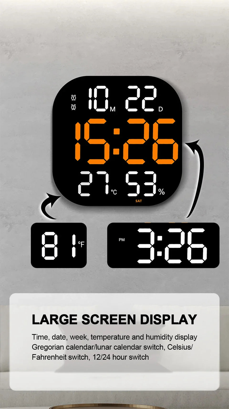 13inch LED Large Digital Wall Clock with Remote Control TEMP Humidity Week Auto Dimmer 12/24H Alarm Clock for Home Office Decor