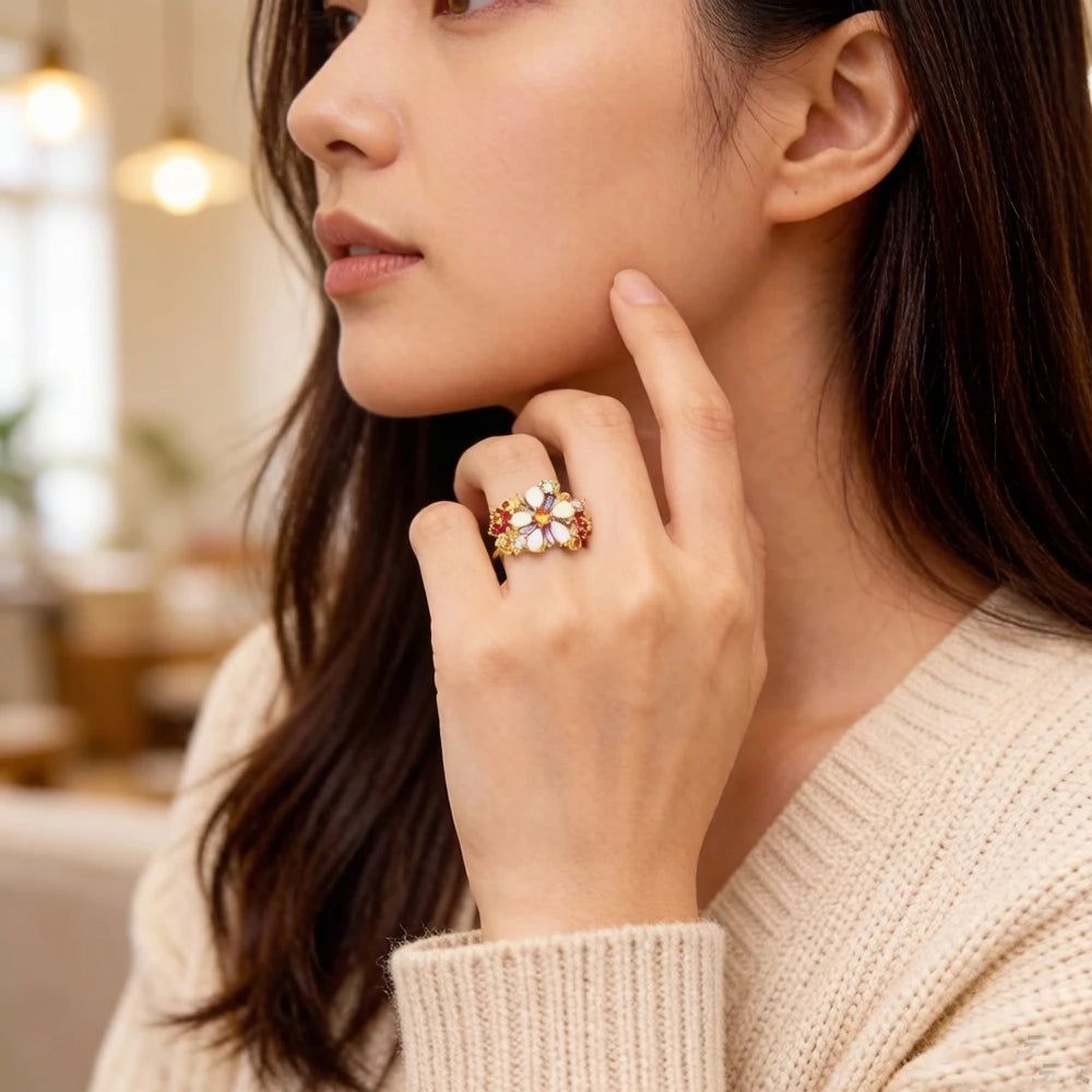 Colourful Flowers Ring 2023 Brand New Fine Jewerly Bohemia 925 Sterling Silver Gift For Women