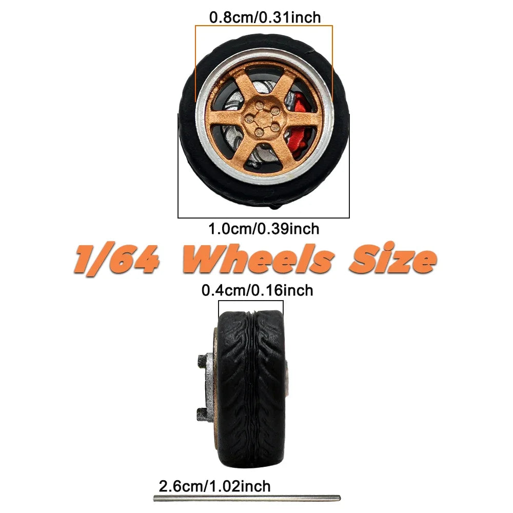 Kicarmod 1/64 Model Car ABS Wheels with Rubber Tire Brake Disc Metal Rims Diameter 10mm Refitting Parts For Model Car