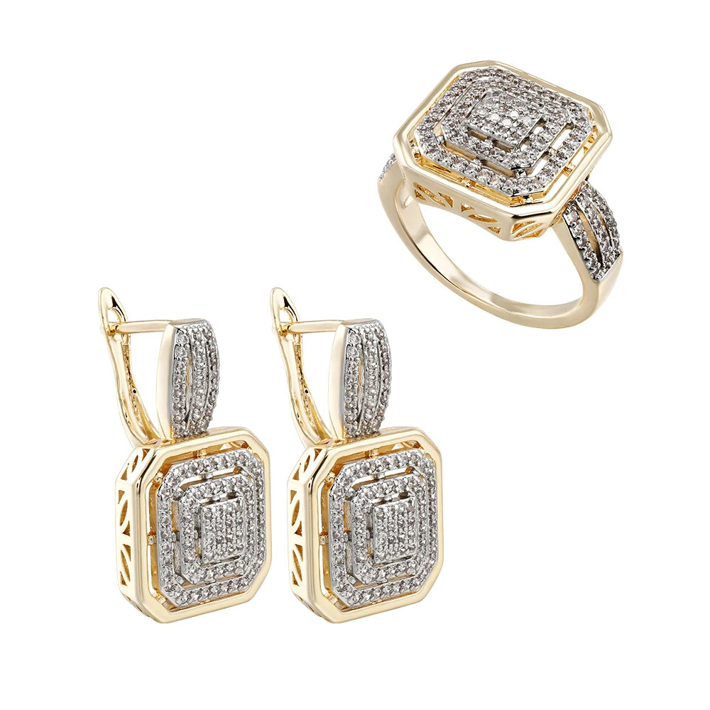 Square hollow design inlaid zircon earrings and ring set retro fashion jewelry copper plated 14K gold banquet holiday decoration