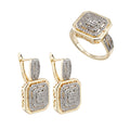 Square hollow design inlaid zircon earrings and ring set retro fashion jewelry copper plated 14K gold banquet holiday decoration