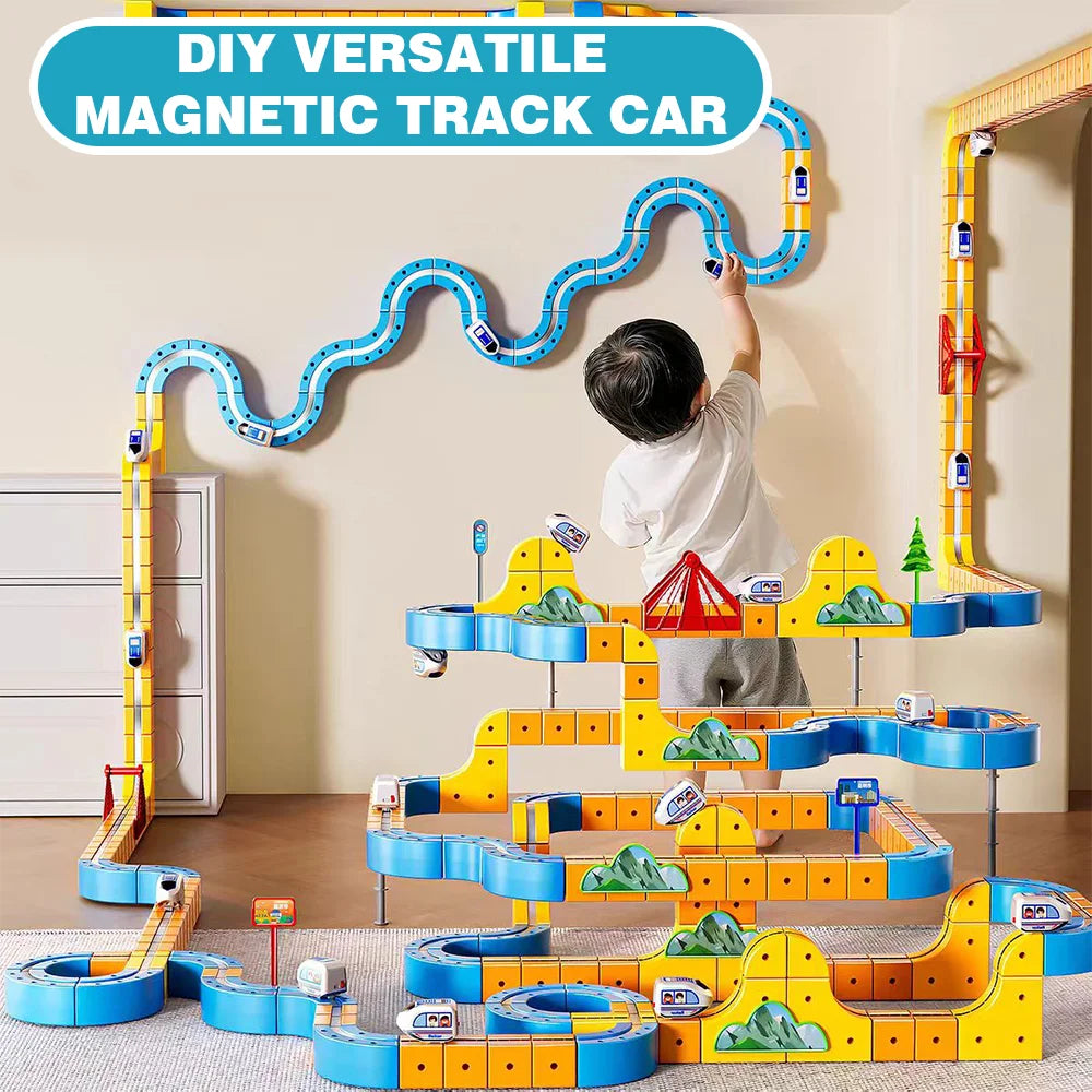 DIY Magnetic Rail Car Set for Kids - Educational Building Blocks Toy with Flexible Track Assembly Race Car Playset