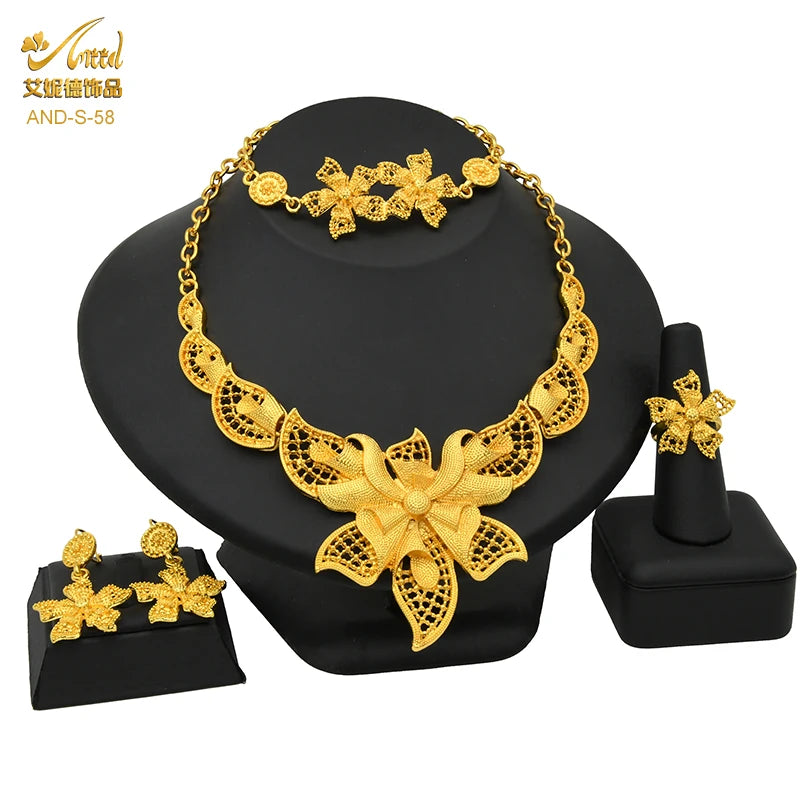 ANIID African Jewelry Set Big Necklace Dubai Ethiopian Gold Color Jewelery Earring Bracelet For Women Bridal Choker Wholesale