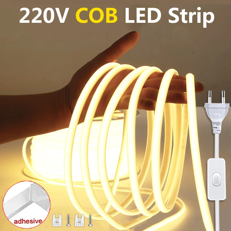 LED Lights Strip 220v with ON-OFF Switch Waterproof Outdoor COB Led Strip Flexible Ribbon Tape for Room Kitchen Garden Lighting
