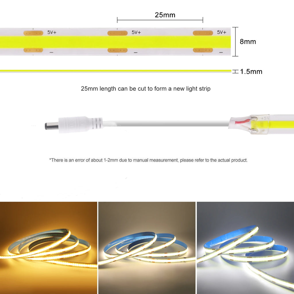 8MM COB LED Strip Light 5V 320LEDs/M Motion Sensor Dimmable Flexible LED Tape Ribbon USB/Battery Powered DIY Backlight for Room