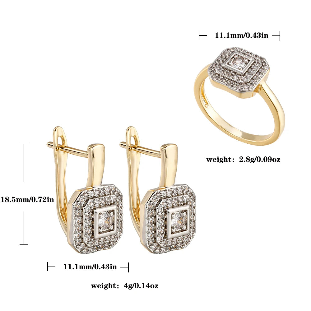 Square design inlaid zircon earrings ring copper plated 14K gold fashion jewelry set birthday party exquisite gift jewelry