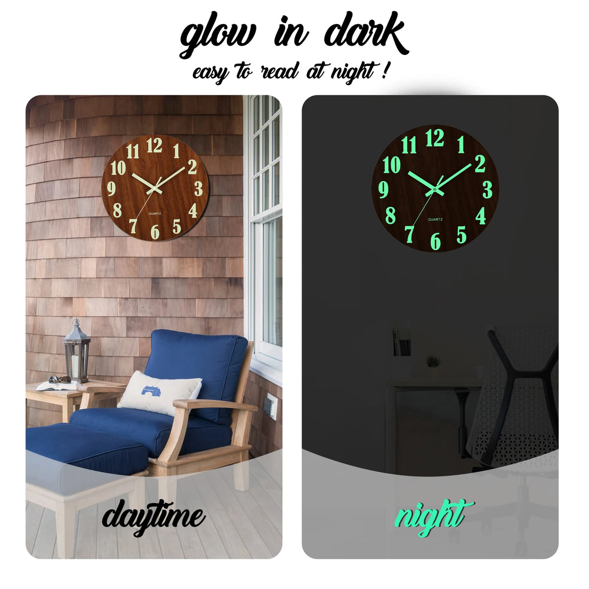 12 Inch Luminous Wall Clock Wood Silent Light in Dark Night Nordic Fashion Wall Clock Non Ticking Clock With Night Light