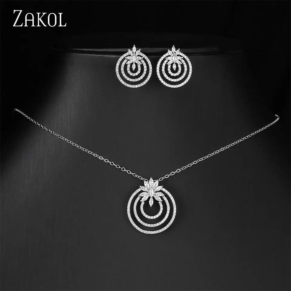 ZAKOL Luxury Retro Micro-set Zircon Women's Necklace Earrings Two-piece Set Temperament Elegant Charm Wedding Party Jewelry Sets