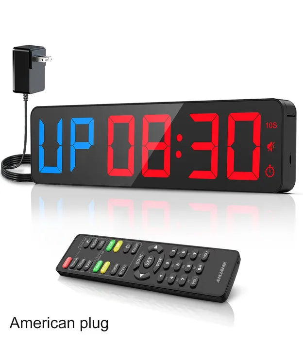 ANJANK Gym Timer 15" Large LED Display Wall Clock,Interval Workout,Count Down & Up,Stopwatch, Adjustable Volume,Upgraded Remote