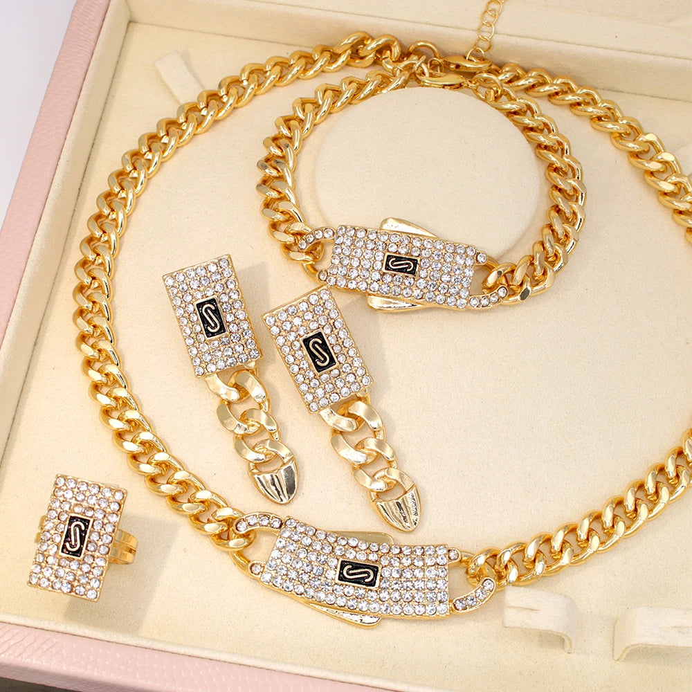GZJPEI Monaco Chain 18K Gold Plated Cuban Chain Jewelry Set High Quality Necklace Bracelet 2025 New For Bridal Wedding Gift