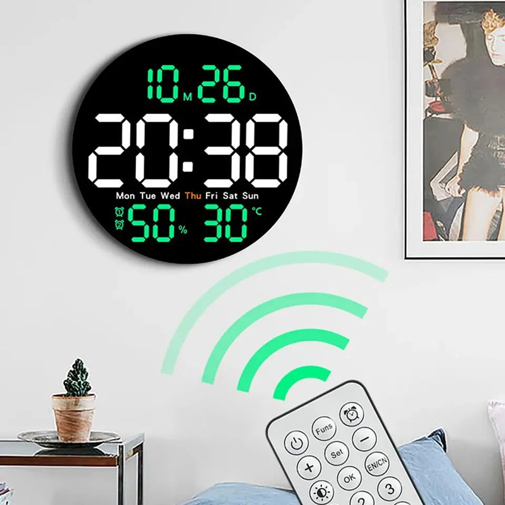 LED Wall Clock with Dual Alarms, Calendar and Temperature Display for Home Decoration. Brightness Adjustable