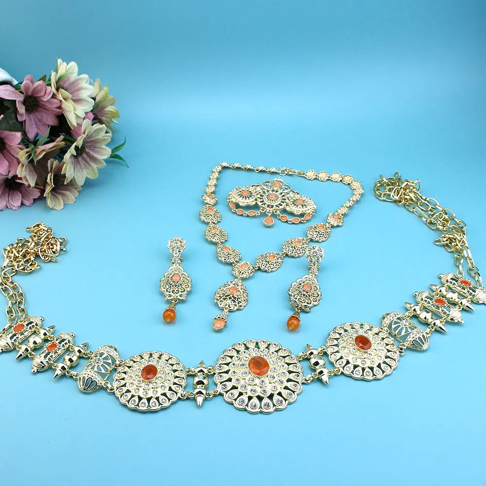 Sunspicems Chic Arabic Bride Jewelry Sets For Women Gold Color Crystal Morocco Belt Necklace Caftan Brooch Earring Muslim Sets