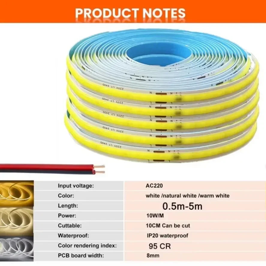 1-5m COB LED Strip 220V Flexible Tape Lights  Light Smart IC No Need Driver High Bright 240 LEDs Linear Lighting RA95 Warm White