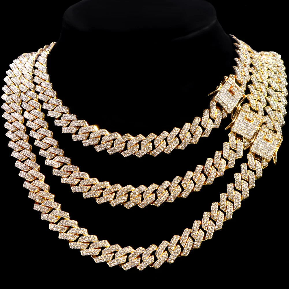 13/14/20MM HipHop Iced Out Chain Cuban Link Chain Necklace For Men Gold Silver Color Rhinestone Pave Men's Birthday Jewelry Gift