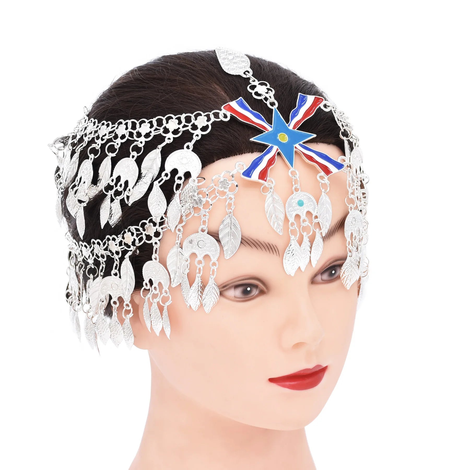 Silver Plated Assyrian Belt Hair Accessories Earrings for Women Kurdish Assyria Ethnic Colorful Flag Leaf Tassel Jewelry Sets