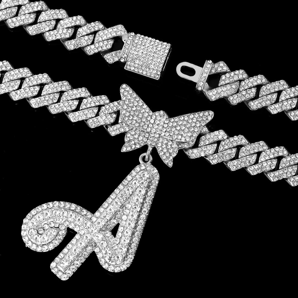 Men Women 14MM Cuban Chain Crystal Butterfly Initials Name Pendant Necklace Iced Out Cursive Letters Rapper Necklace Jewelry New