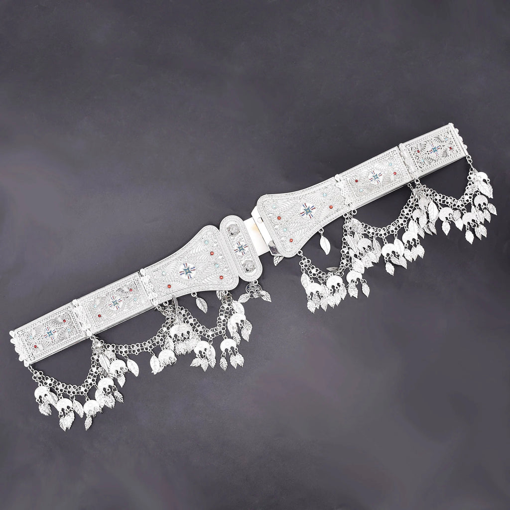 Silver Plated Assyrian Belt Hair Accessories Earrings for Women Kurdish Assyria Ethnic Colorful Flag Leaf Tassel Jewelry Sets