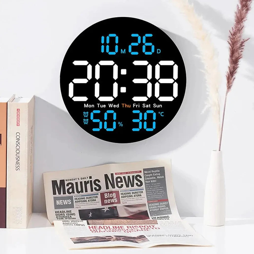LED Wall Clock with Dual Alarms, Calendar and Temperature Display for Home Decoration. Brightness Adjustable