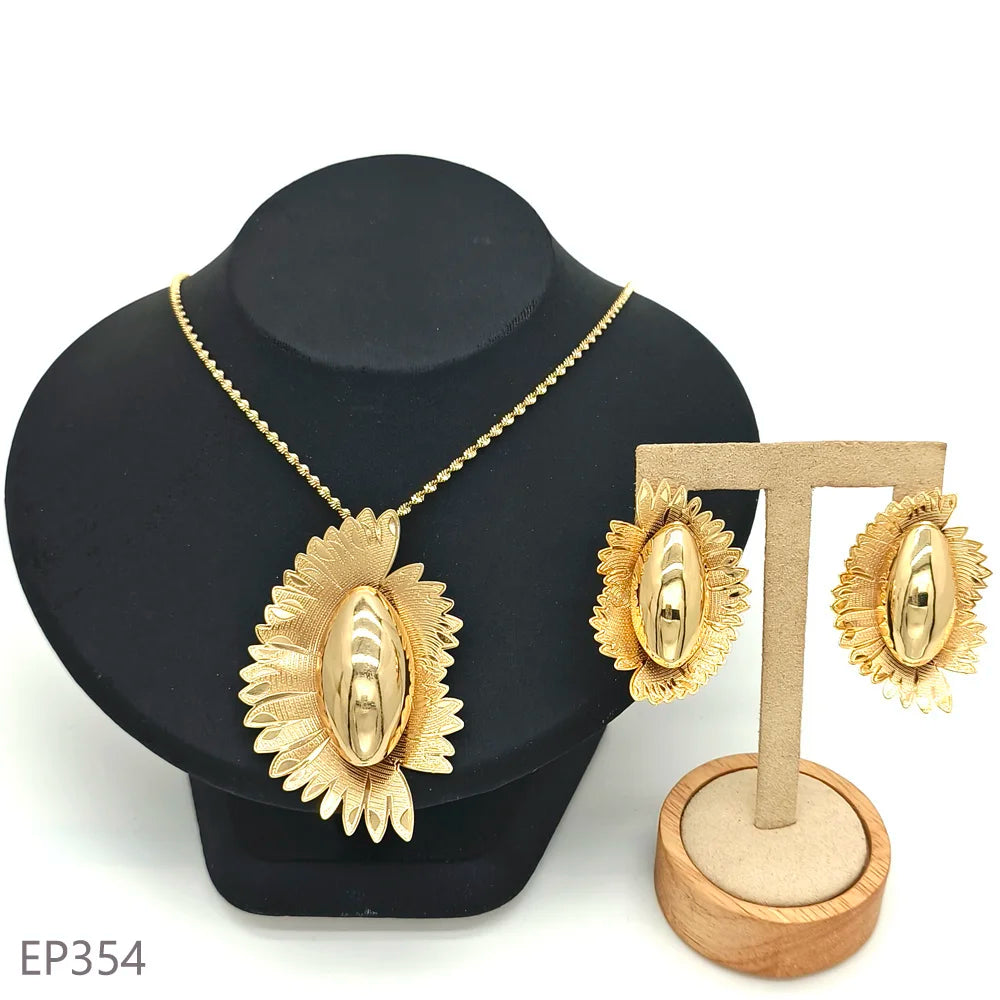 Fashion Dubai Jewelry Sets Gold Color Pendant Copper Classic Earrings Necklace For Women Daily Wear Party Anniversary Gifts