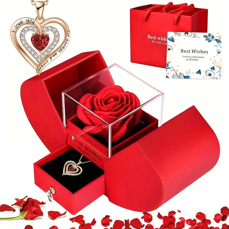 Heart Necklace with Red Rose Gift Box for Mother's Day Present, Christmas Day, Valentine's Date Souvenir, Anniversary Keepsake