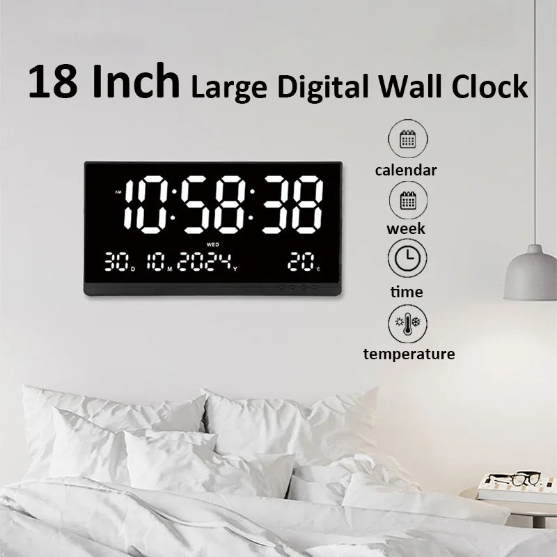 21'' Large Digital Wall Clock Date Calendar 12/24H Time/Date/Week/Temperature Display USB Powered Electronic LED Alarm Clock