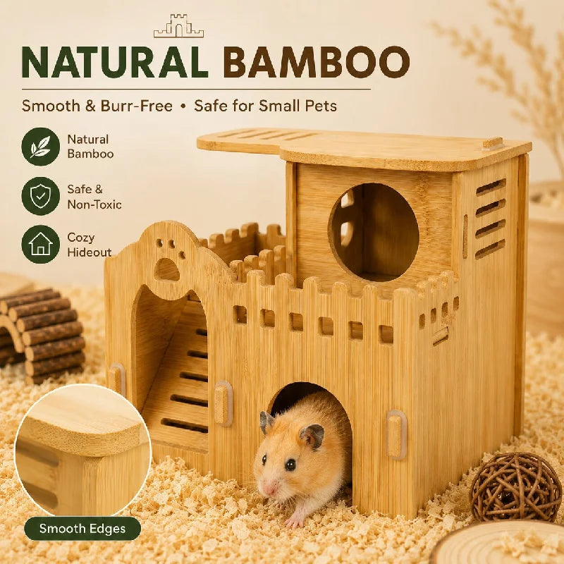 Bamboo Hamster Hideout House - All Season Winter Sleeping Nest for Golden Bear Small Pet Decor Landscape Cage Accessories