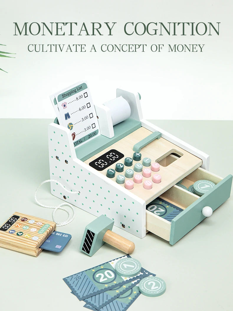 Kids Wooden Simulation Supermarket Checkout Counter Toy Cash Register Kids Role-Play Toys Kitchen Toys Girls Pretend Play