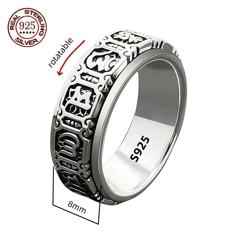 Rotatable S925 Sterling Silver Ring for Men  Vintage Retro Stars Auspicious Cloud Couple Band Women Index Finger Accessories