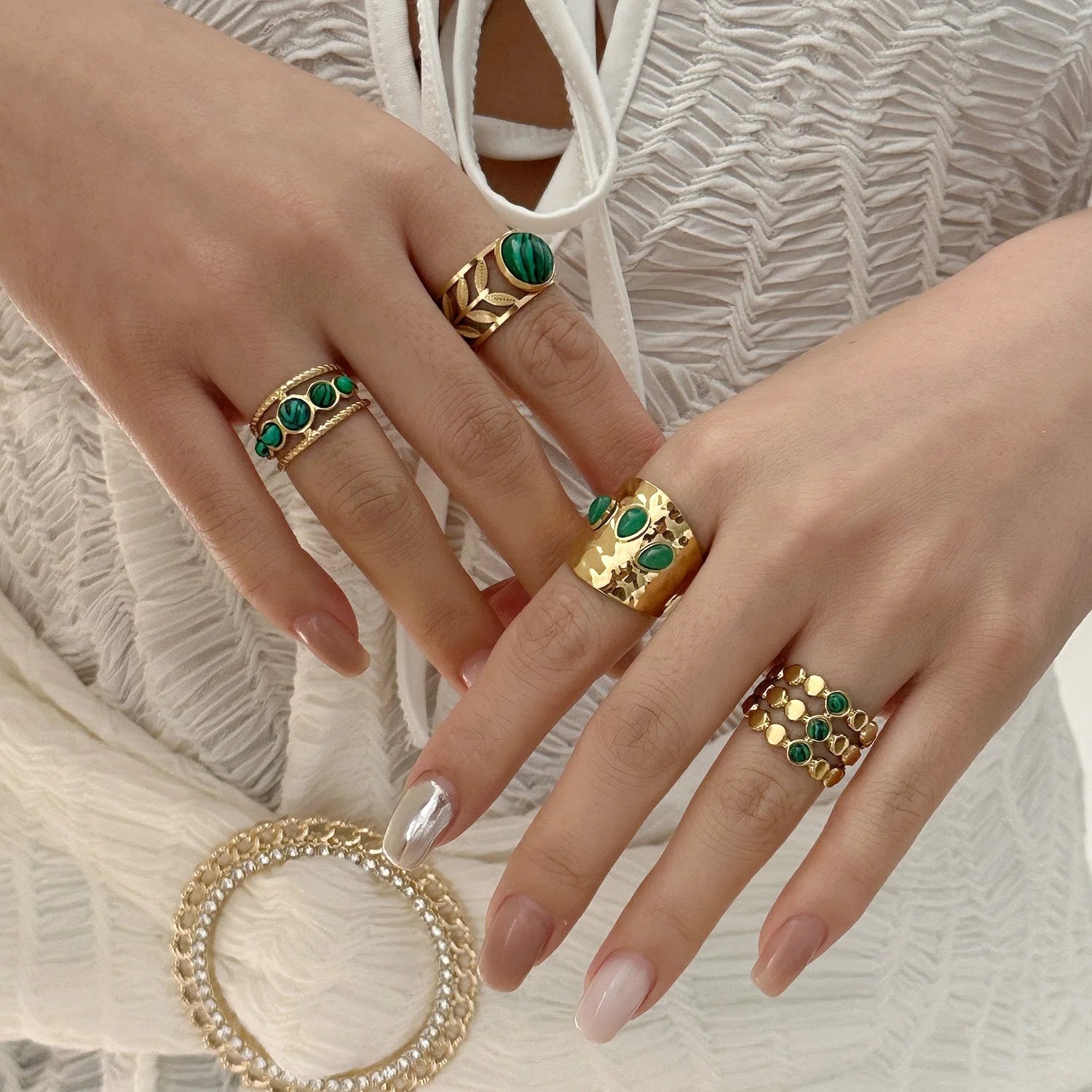 Stainless Steel French Vintage Ethnic Color Gemstone Ring for Women Punk Personality Stackable Open Finger Ring Hand Jewelry