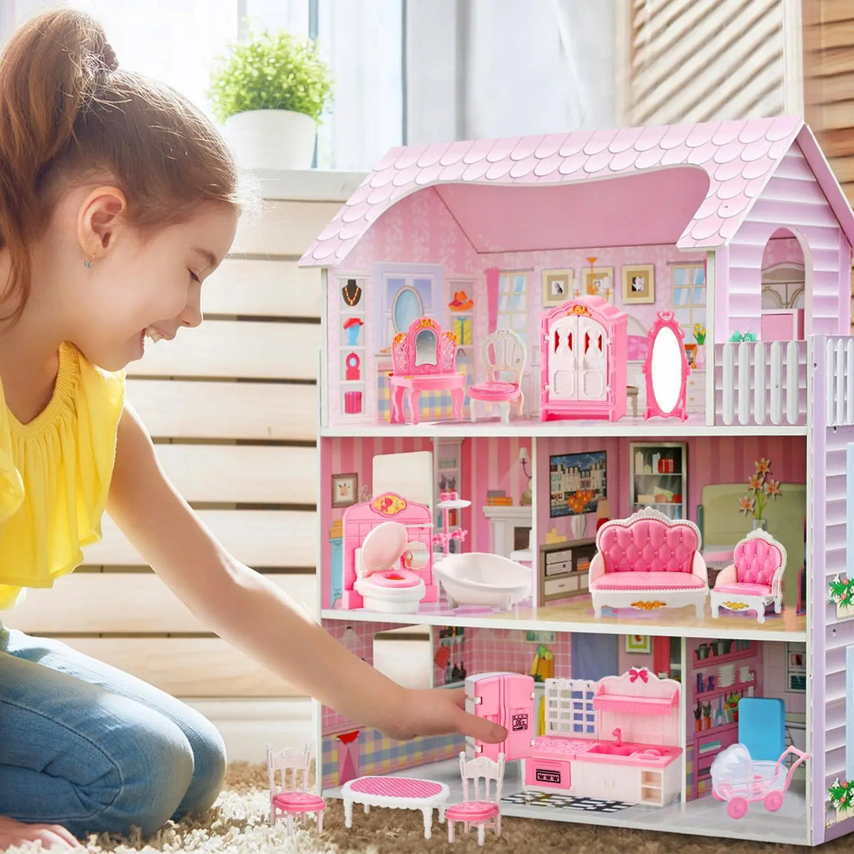 Pink Miniature Dollhouse Furniture Accessories Set Mini House Furniture Room Collection with Bedroom Living Room Kitchen Bathrom