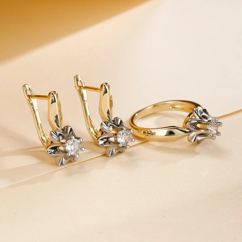 French Petal Inlaid Zircon Earrings and Ring Set, High-End Copper-Plated Two-Tone Gold Fashion Jewelry, Versatile for Commuting