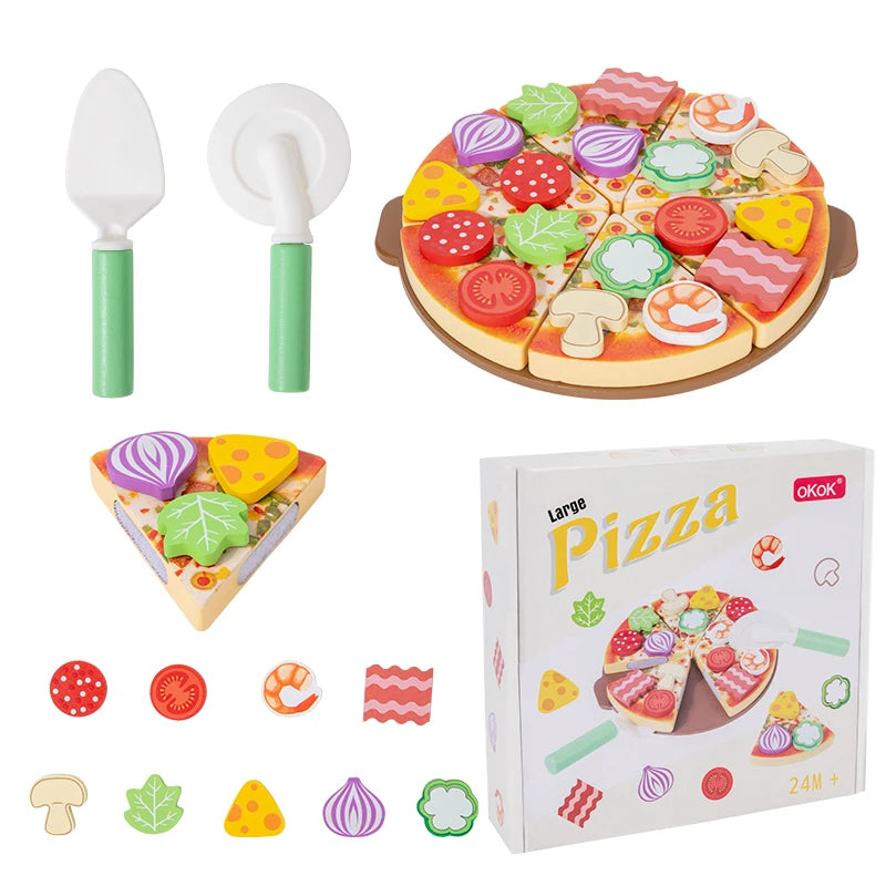 Wooden Simulated Cutting Pizza Pretend Play Toy Educational Kitchen Cooking House Color Recognition Game for Kids 2 Years Gift