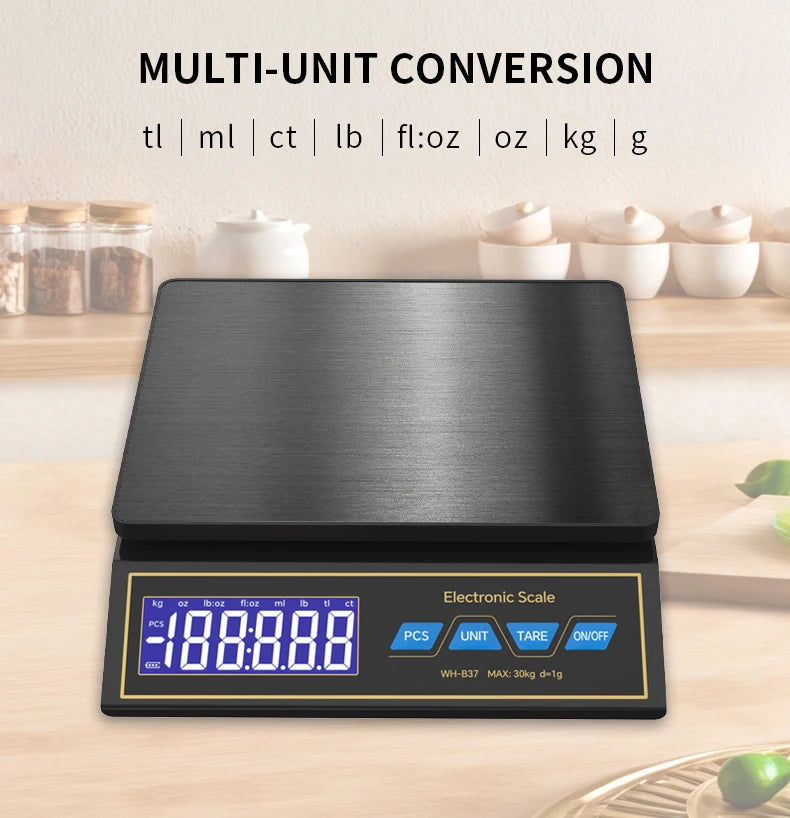 LCD Digital Kitchen Scale 30kg/1g Rechargeable Stainless Steel Panel Electronic Scales Home Jewelry Food Weighing Baking Tools