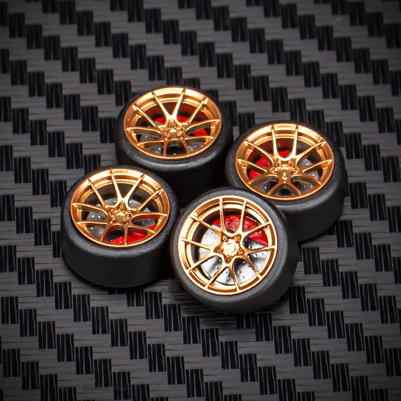 1/64 Car Model Bearing Wheels 9.8mm 10.8mm Rubber Tires W Brake Disc Caliper Axles Modify Spare Parts for 1:64 Cars
