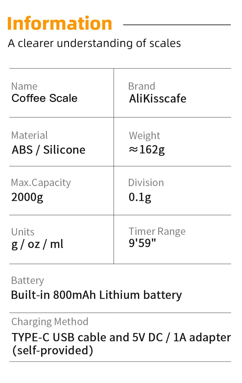 AliKisscafe Espresso Digital Scale With Timer Usb 3kg Electronic Precision Portable Barista Tool Kitchen Home Coffee Accessories