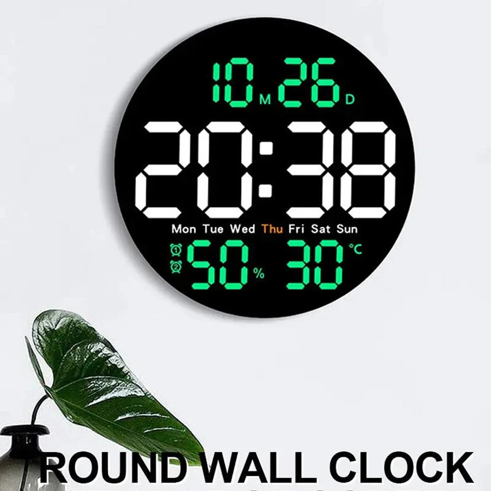 LED Wall Clock with Dual Alarms, Calendar and Temperature Display for Home Decoration. Brightness Adjustable