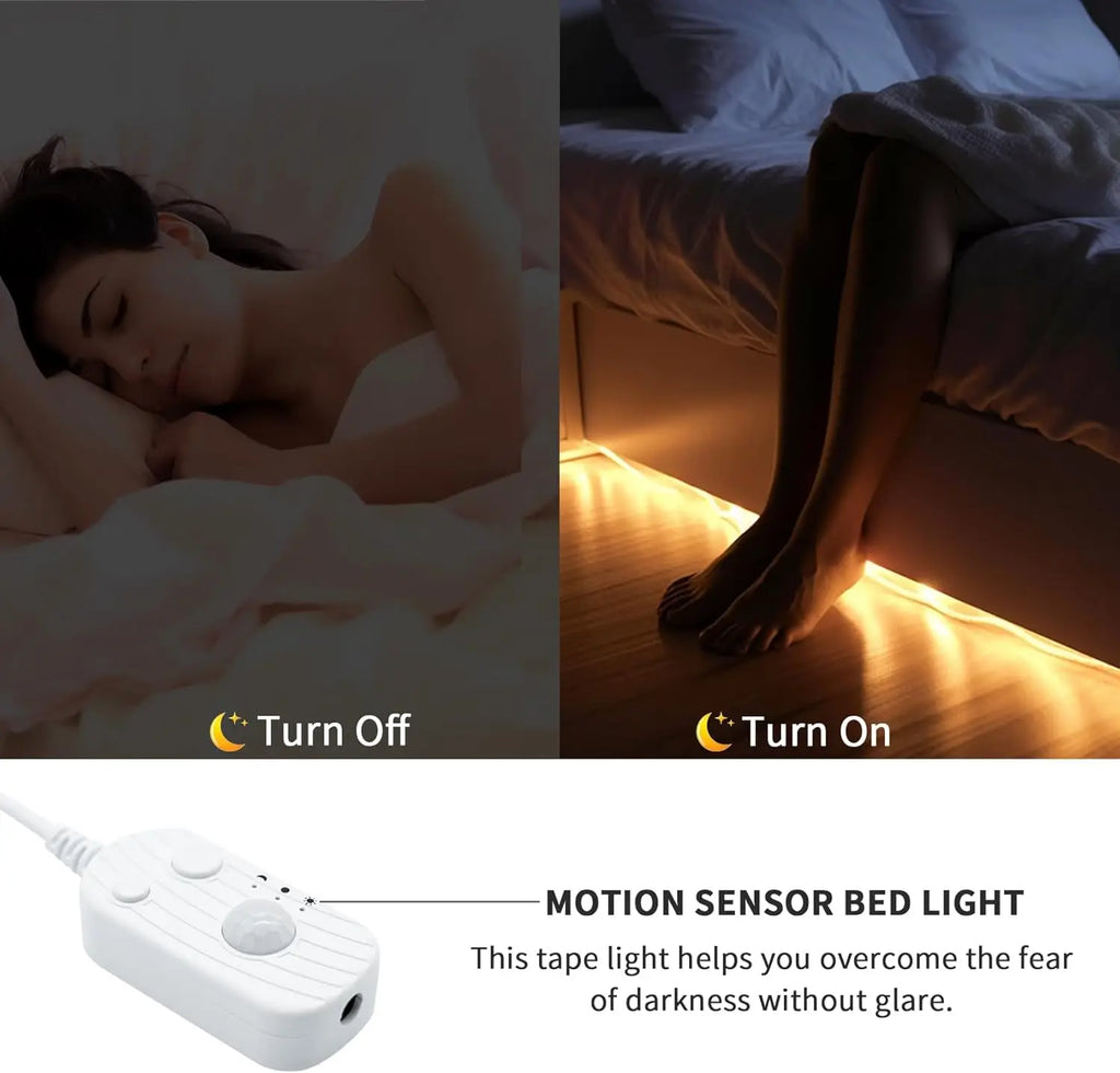 Suspended bed sensor LED light strip, low voltage 5V, USB powered, 1m to 20m, can be cut to any length, with a human body sensor switch that turns on when someone approaches. Night mode/day mode/constant light mode, su