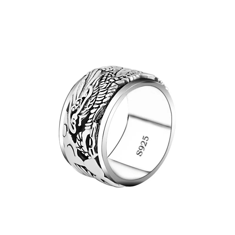 12mm Width Real S925 Sterling Silver Lucky Dragon Double Layer Rotatable Closed Dragon Ring For Man Woman Fiine Jewelry Gift