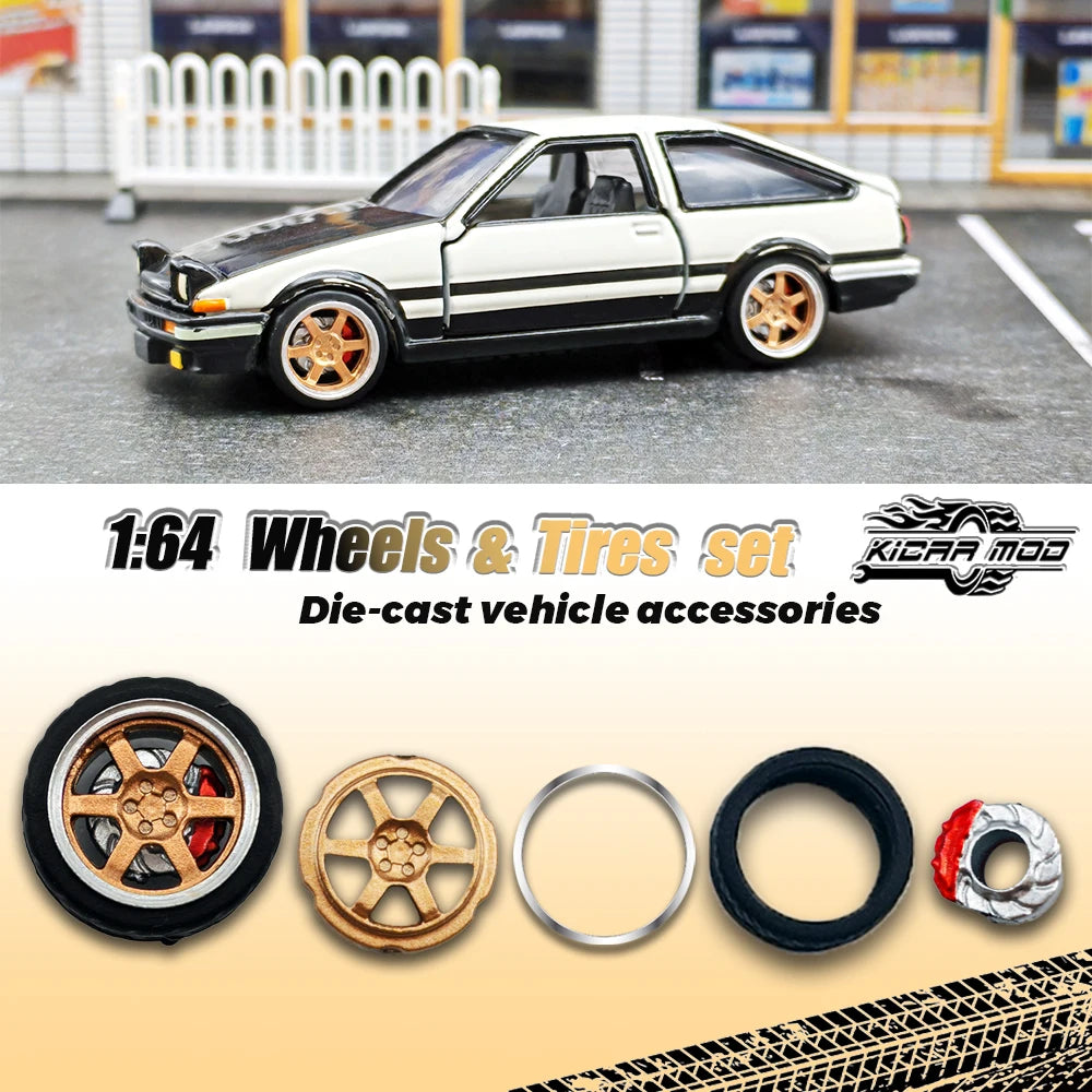Kicarmod 1/64 Model Car ABS Wheels with Rubber Tire Brake Disc Metal Rims Diameter 10mm Refitting Parts For Model Car