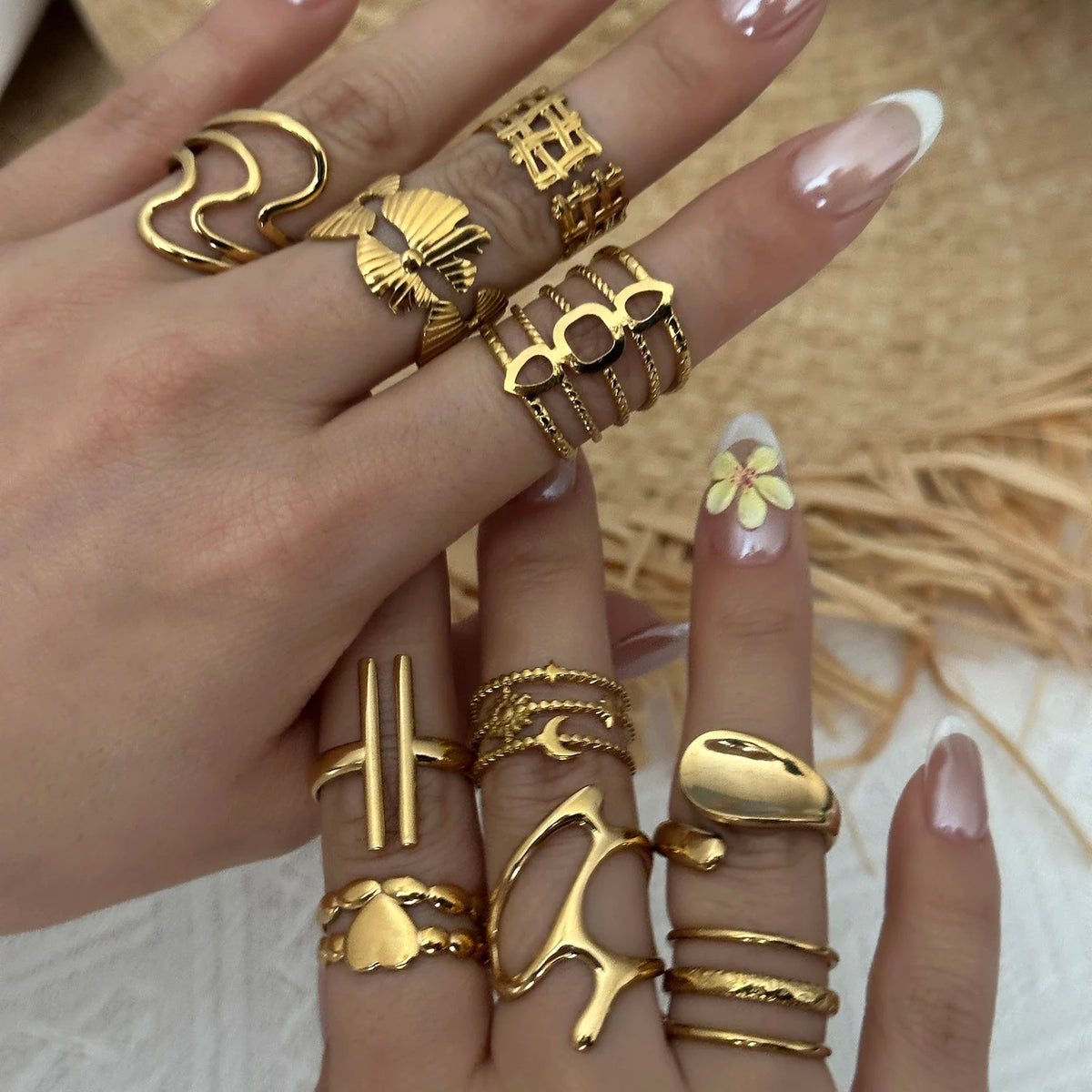 Gmai PVD Plated Stainless Steel Open Rings Set for Women Vintage Sun Leaf Shell Geometric Cuff Ring Hypoallergenic Jewelry Gift