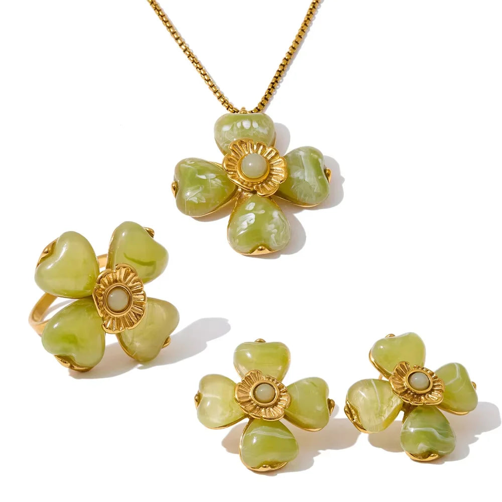 Yhpup Hot Style Acrylic Flower Pendant Necklace Earrings Ring Set for Women Stainless Steel Exquisite Jewelry Wholesale