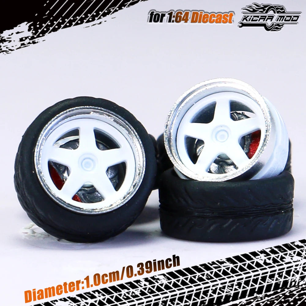 Kicarmod 1/64 Model Car ABS Wheels with Rubber Tire Brake Disc Metal Rims Diameter 10mm Refitting Parts For Model Car