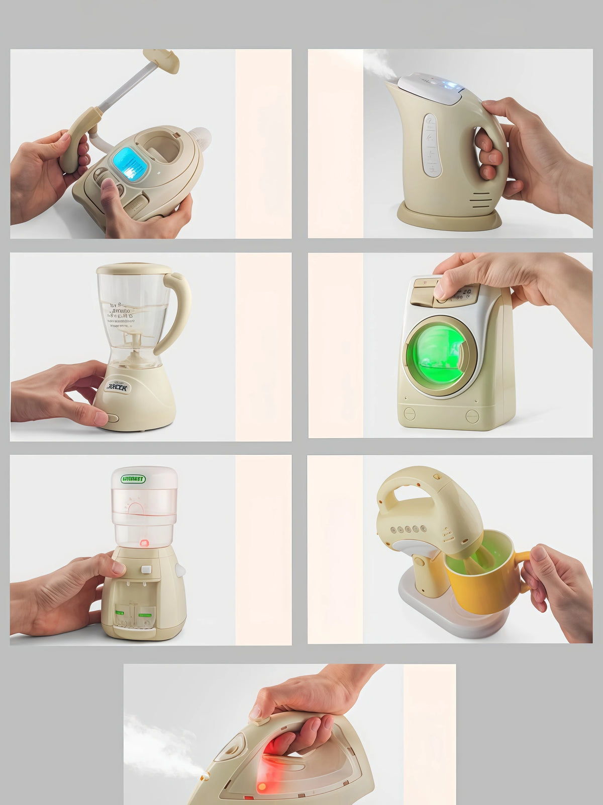 Children's simulated small household appliances, such as washing machines, vacuum cleaners, irons, juicers, and toys