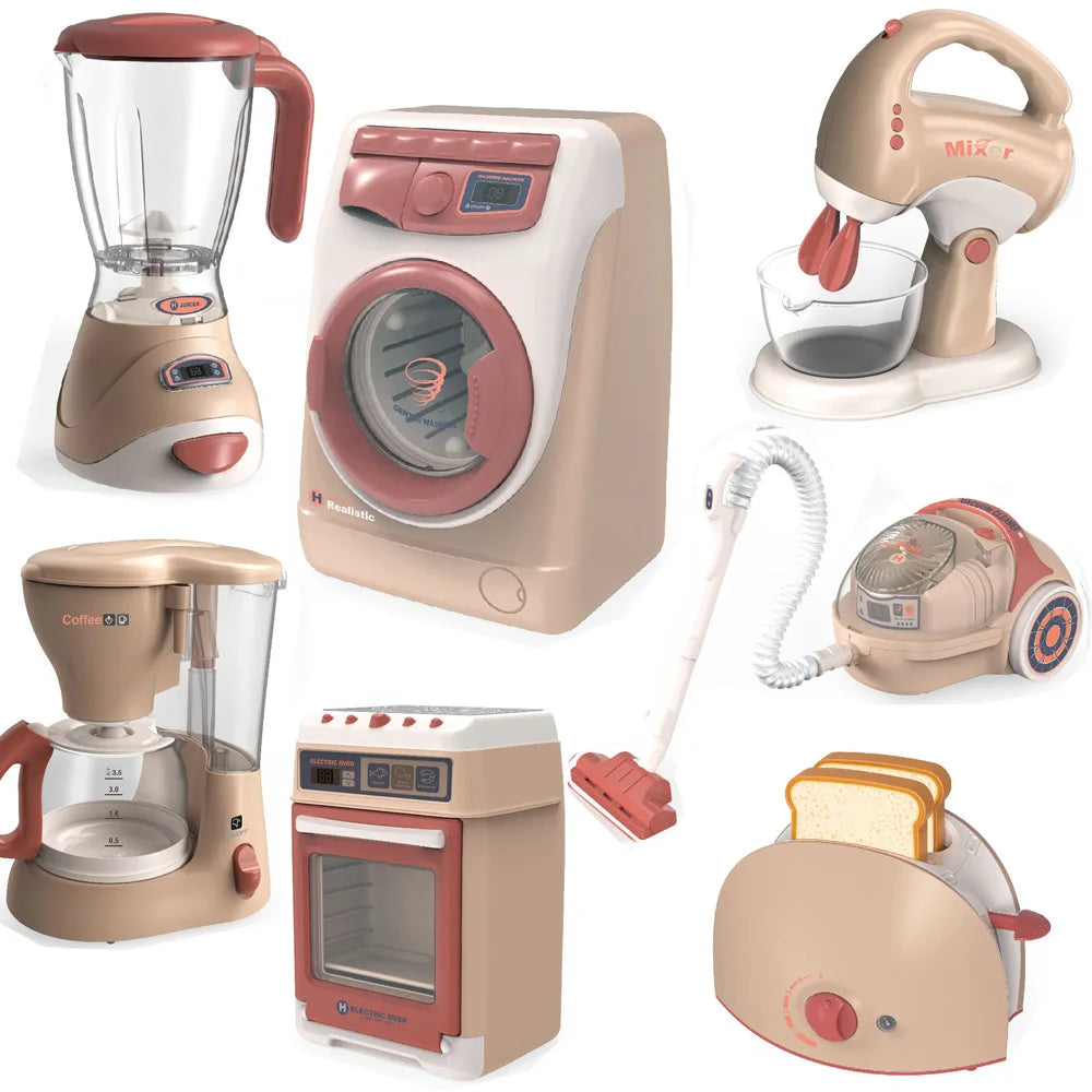 Kids Pretend Kitchen Play Toys Electric Vacuum Cleaner Water Sweeper Household Juicer coffee Washing Machine with Light Sound