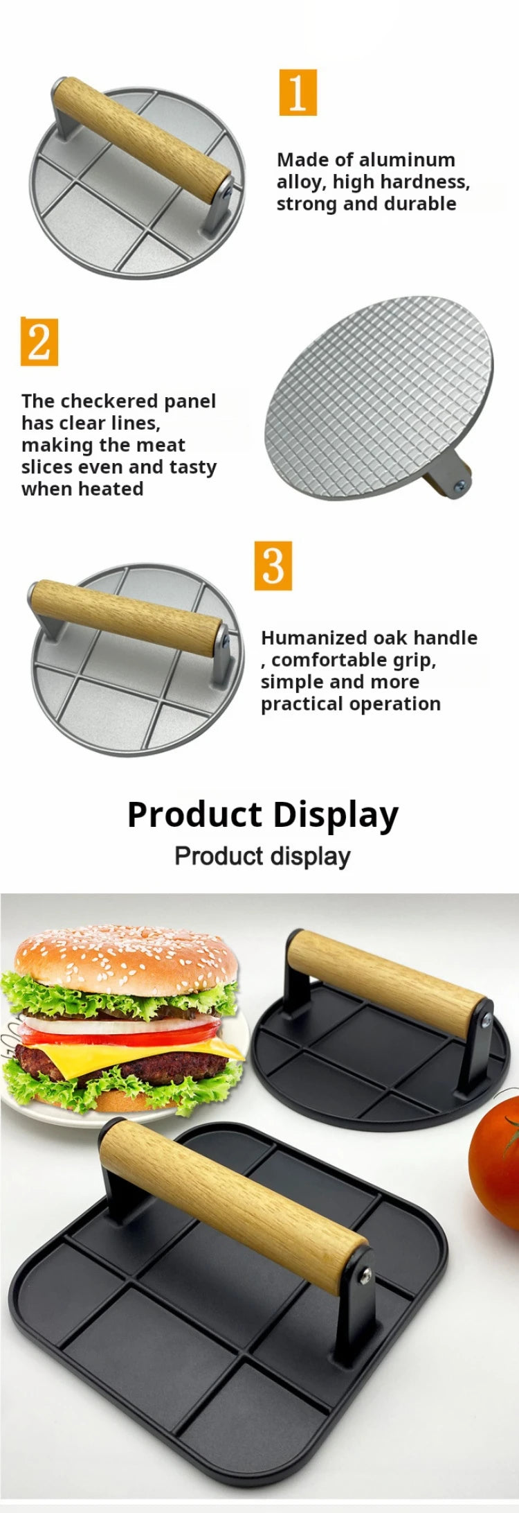 Cast Iron Burger Press Outdoor Non Stick Aluminum Alloy Rotundity Hand Meat Burger Press with Wooden Handle for Home Kitchen BBQ