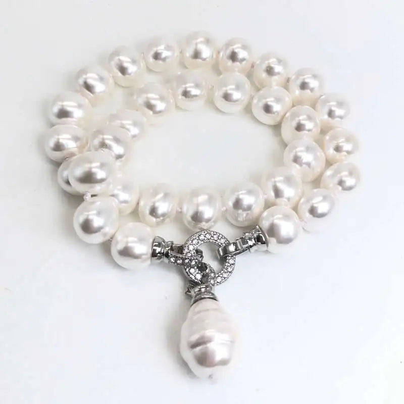 Luxury Style Cultured 12-15m White Potato Freshwater Pearl Necklace Cz Pave Shell Pearl Pendant Wedding
