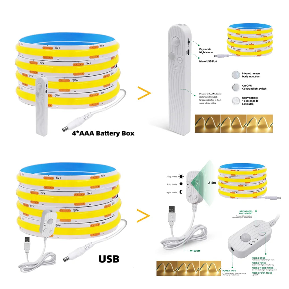 8MM COB LED Strip Light 5V 320LEDs/M Motion Sensor Dimmable Flexible LED Tape Ribbon USB/Battery Powered DIY Backlight for Room