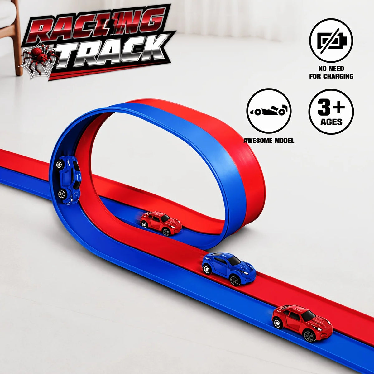 Dual Mode Racing Track Toy with 4 Alloy Pull Back Cars, Flexible Suction Cup Track, Halloween & Christmas Gift for
